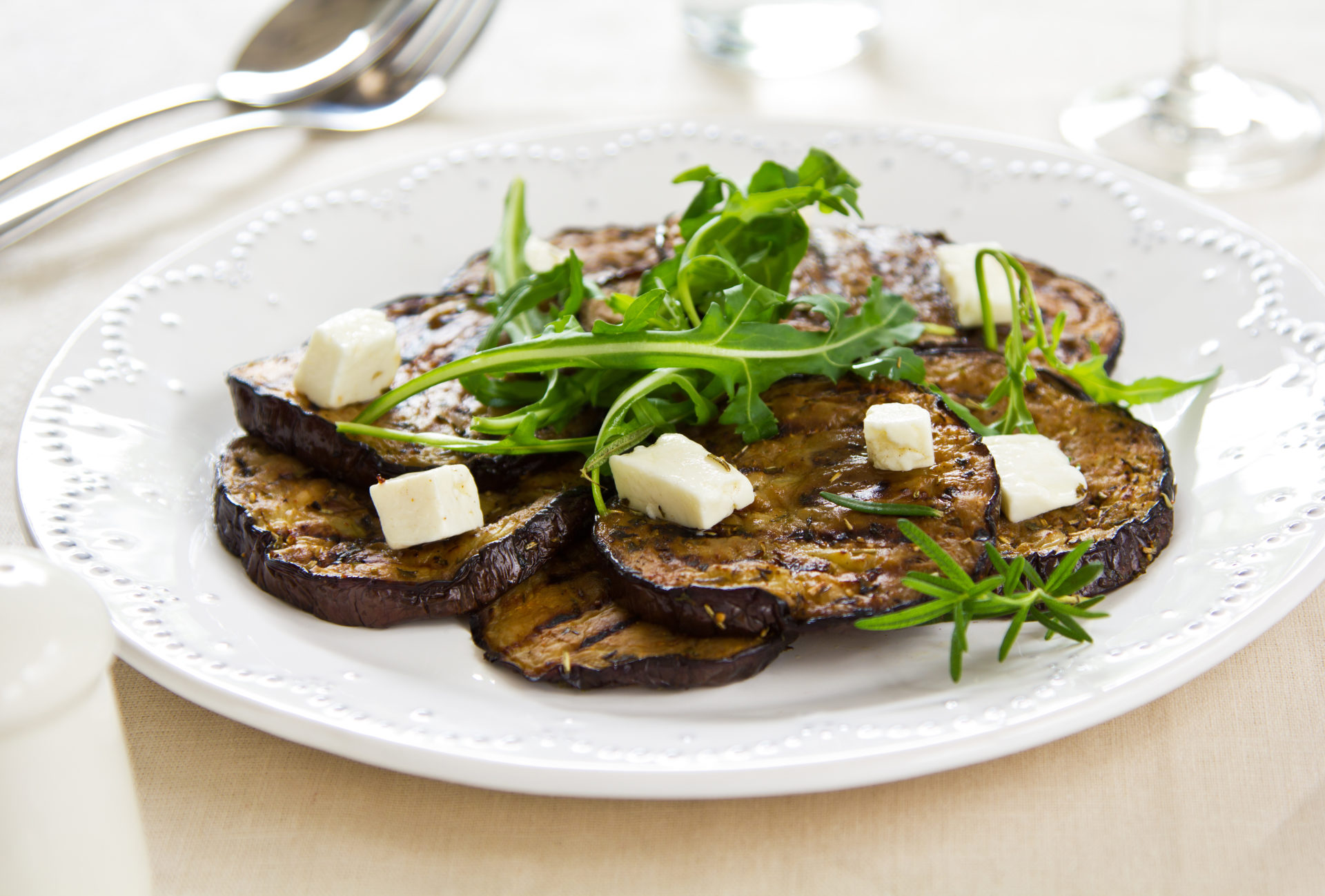 Grilled Aubergine with Feta and Rocket salad
