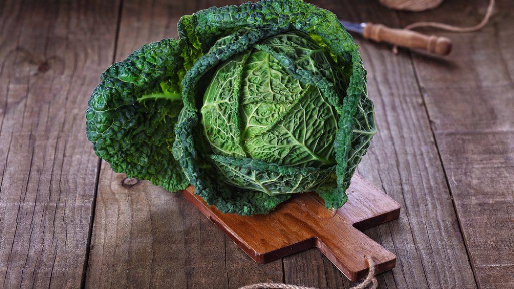 Single,Head,Of,Savoy,Cabbage,Over,Rustic,Wooden,Background